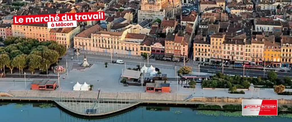 Vue panoramique de Mâcon avec ses bâtiments historiques et son environnement rural.