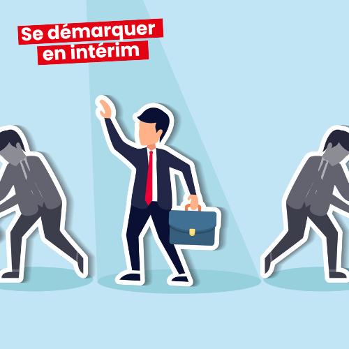 Illustration d'une personne se démarquant des autres candidats en intérim, tenant une mallette.